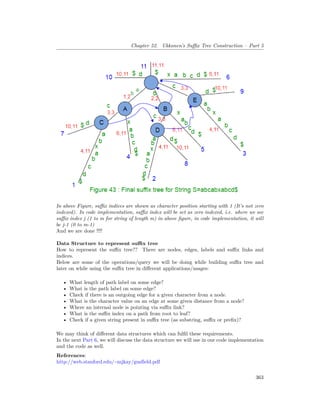 Chapter 52. Ukkonen’s Suffix Tree Construction – Part 5
In above Figure, suffix indices are shown as character position starting with 1 (It’s not zero
indexed). In code implementation, suffix index will be set as zero indexed, i.e. where we see
suffix index j (1 to m for string of length m) in above figure, in code implementation, it will
be j-1 (0 to m-1)
And we are done !!!!
Data Structure to represent suffix tree
How to represent the suffix tree?? There are nodes, edges, labels and suffix links and
indices.
Below are some of the operations/query we will be doing while building suffix tree and
later on while using the suffix tree in different applications/usages:
• What length of path label on some edge?
• What is the path label on some edge?
• Check if there is an outgoing edge for a given character from a node.
• What is the character value on an edge at some given distance from a node?
• Where an internal node is pointing via suffix link?
• What is the suffix index on a path from root to leaf?
• Check if a given string present in suffix tree (as substring, suffix or prefix)?
We may think of different data structures which can fulfil these requirements.
In the next Part 6, we will discuss the data structure we will use in our code implementation
and the code as well.
References:
http://web.stanford.edu/~mjkay/gusfield.pdf
363
 