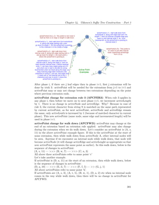 Chapter 54. Ukkonen’s Suffix Tree Construction – Part 3
After phase i, if there are j leaf edges then in phase i+1, first j extensions will be
done by trick 3. activePoint will be needed for the extensions from j+1 to i+1 and
activePoint may or may not change between two extensions depending on the point
where previous extension ends.
activePoint change for extension rule 3 (APCFER3): When rule 3 applies in
any phase i, then before we move on to next phase i+1, we increment activeLength
by 1. There is no change in activeNode and activeEdge. Why? Because in case of
rule 3, the current character from string S is matched on the same path represented
by current activePoint, so for next activePoint, activeNode and activeEdge remain
the same, only activeLenth is increased by 1 (because of matched character in current
phase). This new activePoint (same node, same edge and incremented length) will be
used in phase i+1.
activePoint change for walk down (APCFWD): activePoint may change at the
end of an extension based on extension rule applied. activePoint may also change
during the extension when we do walk down. Let’s consider an activePoint is (A, s,
11) in the above activePoint example figure. If this is the activePoint at the start of
some extension, then while walk down from activeNode A, other internal nodes will
be seen. Anytime if we encounter an internal node while walk down, that node will
become activeNode (it will change activeEdge and activeLenght as appropriate so that
new activePoint represents the same point as earlier). In this walk down, below is the
sequence of changes in activePoint:
(A, s, 11) — >>> (B, w, 7) —- >>> (C, a, 3)
All above three activePoints refer to same point ‘c’
Let’s take another example.
If activePoint is (D, a, 11) at the start of an extension, then while walk down, below
is the sequence of changes in activePoint:
(D, a, 10) — >>> (E, d, 7) — >>> (F, f, 5) — >> (G, j, 1)
All above activePoints refer to same point ‘k’.
If activePoints are (A, s, 3), (A, t, 5), (B, w, 1), (D, a, 2) etc when no internal node
comes in the way while walk down, then there will be no change in activePoint for
APCFWD.
381
 