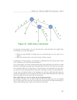Chapter 55. Ukkonen’s Suffix Tree Construction – Part 2
In extension j of some phase i, if a new internal node v with path-label xA is added, then
in extension j+1 in the same phase i:
• Either the path labelled A already ends at an internal node (or root node if A is
empty)
• OR a new internal node at the end of string A will be created
In extension j+1 of same phase i, we will create a suffix link from the internal node created
in jth
extension to the node with path labelled A.
So in a given phase, any newly created internal node (with path-label xA) will have a suffix
link from it (pointing to another node with path-label A) by the end of the next extension.
In any implicit suffix tree Ti after phase i, if internal node v has path-label xA, then there
is a node s(v) in Ti with path-label A and node v will point to node s(v) using suffix link.
At any time, all internal nodes in the changing tree will have suffix links from them to
another internal node (or root) except for the most recently added internal node, which will
receive its suffix link by the end of the next extension.
How suffix links are used to speed up the implementation?
In extension j of phase i+1, we need to find the end of the path from the root labelled
S[j..i] in the current tree. One way is start from root and traverse the edges matching S[j..i]
string. Suffix links provide a short cut to find end of the path.
384
 
