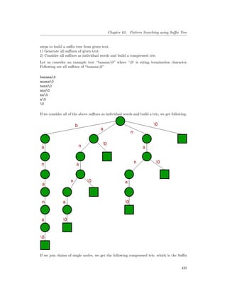 Chapter 62. Pattern Searching using Suffix Tree
steps to build a suffix tree from given text.
1) Generate all suffixes of given text.
2) Consider all suffixes as individual words and build a compressed trie.
Let us consider an example text “banana0” where ‘0’ is string termination character.
Following are all suffixes of “banana0”
banana0
anana0
nana0
ana0
na0
a0
0
If we consider all of the above suffixes as individual words and build a trie, we get following.
If we join chains of single nodes, we get the following compressed trie, which is the Suffix
435
 