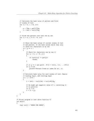 Chapter 67. Rabin-Karp Algorithm for Pattern Searching
// Calculate the hash value of pattern and first
// window of text
for (i = 0; i < M; i++)
{
p = (d*p + pat[i])%q;
t = (d*t + txt[i])%q;
}
// Slide the pattern over text one by one
for (i = 0; i <= N - M; i++)
{
// Check the hash values of current window of text
// and pattern. If the hash values match then only
// check for characters on by one
if ( p == t )
{
/* Check for characters one by one */
for (j = 0; j < M; j++)
{
if (txt[i+j] != pat[j])
break;
}
// if p == t and pat[0...M-1] = txt[i, i+1, ...i+M-1]
if (j == M)
printf("Pattern found at index %d n", i);
}
// Calculate hash value for next window of text: Remove
// leading digit, add trailing digit
if ( i < N-M )
{
t = (d*(t - txt[i]*h) + txt[i+M])%q;
// We might get negative value of t, converting it
// to positive
if (t < 0)
t = (t + q);
}
}
}
/* Driver program to test above function */
int main()
{
char txt[] = "GEEKS FOR GEEKS";
463
 