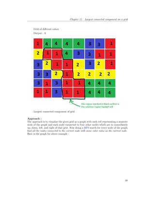 Chapter 11. Largest connected component on a grid
Grid of different colors
Output : 9
Largest connected component of grid
Approach :
The approach is to visualize the given grid as a graph with each cell representing a separate
node of the graph and each node connected to four other nodes which are to immediately
up, down, left, and right of that grid. Now doing a BFS search for every node of the graph,
find all the nodes connected to the current node with same color value as the current node.
Here is the graph for above example :
48
 
