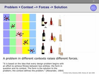 Problem + Context –> Forces -> Solution “ It is based on the idea that every design problem begins with an effort to achieve fitness between two entities: the form in question and its context. The form is the solution to the problem; the context defines the problem.” (Alexander, 1964) A problem in different contexts raises different forces. 