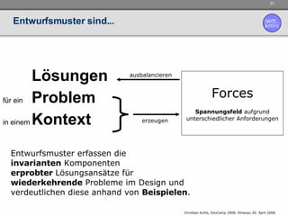 Entwurfsmuster sind... Lösungen für ein   Problem in einem Kontext Forces Spannungsfeld  aufgrund unterschiedlicher Anforderungen Entwurfsmuster erfassen die  invarianten  Komponenten  erprobter  Lösungsansätze für  wiederkehrende  Probleme im Design und  verdeutlichen diese anhand von  Beispielen . erzeugen ausbalancieren 