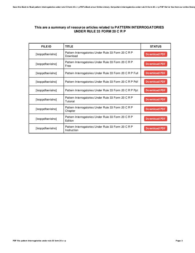 Pattern Interrogatories Under Rule 33 Form 20 C R P