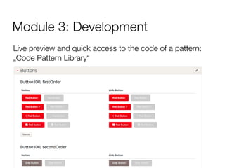 Module 3: Development
Live preview and quick access to the code of a pattern:
„Code Pattern Library“ inspired by Twitter B...