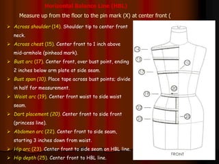 Horizontal Balance Line (HBL)
Measure up from the floor to the pin mark (X) at center front (
 Across shoulder (14). Shoulder tip to center front
neck.
 Across chest (15). Center front to 1 inch above
mid-armhole (pinhead mark).
 Bust arc (17). Center front, over bust point, ending
2 inches below arm plate at side seam.
 Bust span (10). Place tape across bust points; divide
in half for measurement.
 Waist arc (19). Center front waist to side waist
seam.
 Dart placement (20). Center front to side front
(princess line).
 Abdomen arc (22). Center front to side seam,
starting 3 inches down from waist.
 Hip arc (23). Center front to side seam on HBL line.
 Hip depth (25). Center front to HBL line.
 