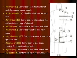  Back neck (12). Center back neck to shoulder at
neck. Reference measurement.
 Across shoulder (14). Shoulder tip to center back
neck.
 Across back (16). Center back to 1 inch above the
mid-armhole at ridge of pinhead.
 Back arc (18). Center back to bottom of arm plate.
 Waist arc (19). Center back waist to side waist
seam.
 Dart placement (20). Center back waist to side back
(princess line).
 Abdomen arc (22). Center back to side seam,
starting 3 inches down from waist.
 Hip arc (23). Center back to side seam on HBL line.
 Hip depth (25). Center back waist to HBL line.
 