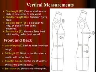 Vertical Measurements
 Side length (11). Pin mark below arm
plate at side seam to side waist.
 Shoulder length (13). Shoulder tip to
neck.
 Side hip depth (26). Side waist to
HBL, on side of form being
measured.
 Bust radius (9). Measure from bust
point ending under bust mound.
Front and Back
 Center length (5). Neck to waist (over bust
bridge).
 Full length (6). Waist to shoulder at neck,
parallel with center lines.
 Shoulder slope (7). Center line at waist to
shoulder tip (pinhead mark).
 Bust depth (9). Shoulder tip to bust point.
 