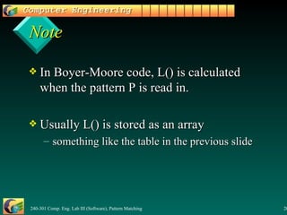 Note In Boyer-Moore code, L() is calculated when the pattern P is read in. Usually L() is stored as an array something like the table in the previous slide 