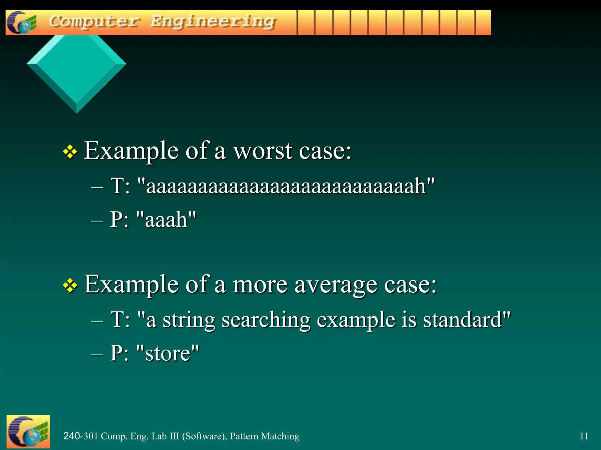 240-301 Comp. Eng. Lab III (Software), Pattern Matching 11
 Example of a worst case:
– T: "aaaaaaaaaaaaaaaaaaaaaaaaaah"
– P: "aaah"
 Example of a more average case:
– T: "a string searching example is standard"
– P: "store"
 