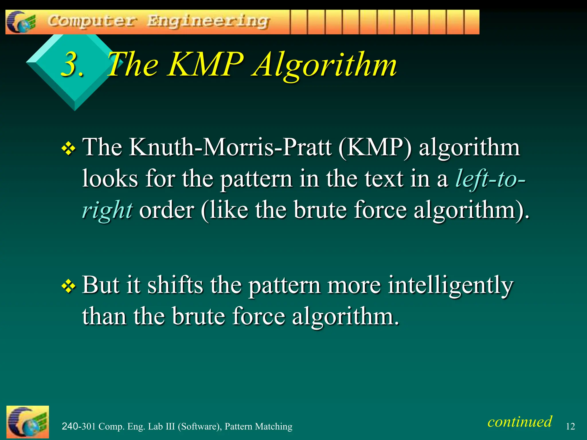 240-301 Comp. Eng. Lab III (Software), Pattern Matching 12
3. The KMP Algorithm
 The Knuth-Morris-Pratt (KMP) algorithm
looks for the pattern in the text in a left-to-
right order (like the brute force algorithm).
 But it shifts the pattern more intelligently
than the brute force algorithm.
continued
 