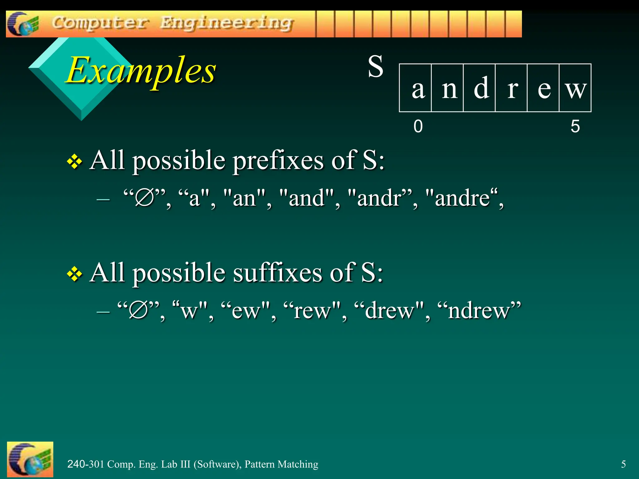 240-301 Comp. Eng. Lab III (Software), Pattern Matching 5
Examples
 All possible prefixes of S:
– “”, “a", "an", "and", "andr”, "andre“,
 All possible suffixes of S:
– “”, “w", “ew", “rew", “drew", “ndrew”
a n d r e w
S
0 5
 