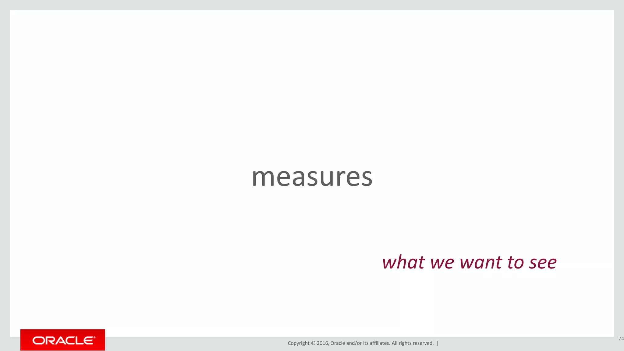Copyright © 2016, Oracle and/or its affiliates. All rights reserved. |
measures
74
what we want to see
 