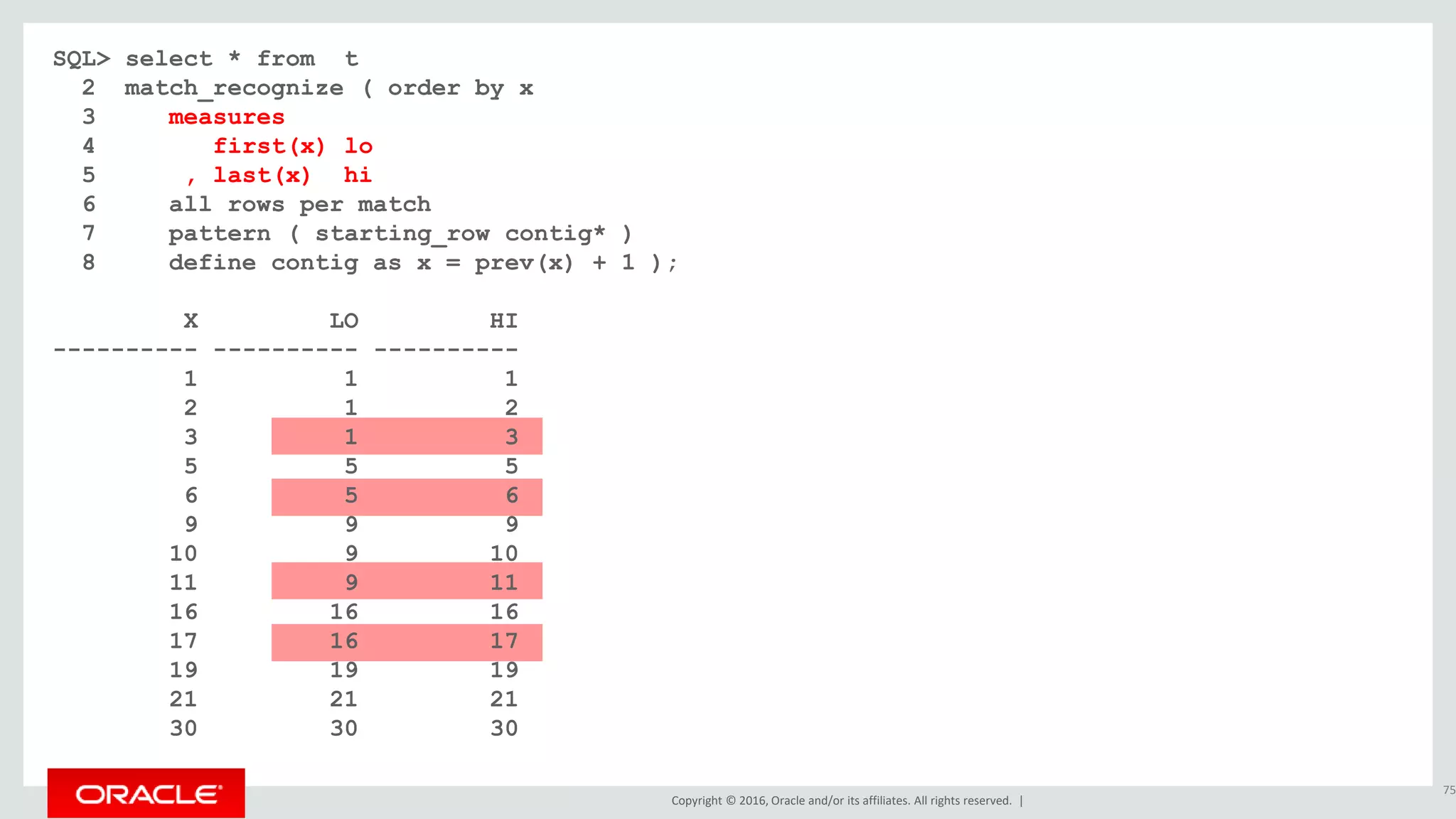 Copyright © 2016, Oracle and/or its affiliates. All rights reserved. |
SQL> select * from t
2 match_recognize ( order by x
3 measures
4 first(x) lo
5 , last(x) hi
6 all rows per match
7 pattern ( starting_row contig* )
8 define contig as x = prev(x) + 1 );
X LO HI
---------- ---------- ----------
1 1 1
2 1 2
3 1 3
5 5 5
6 5 6
9 9 9
10 9 10
11 9 11
16 16 16
17 16 17
19 19 19
21 21 21
30 30 30
75
 
