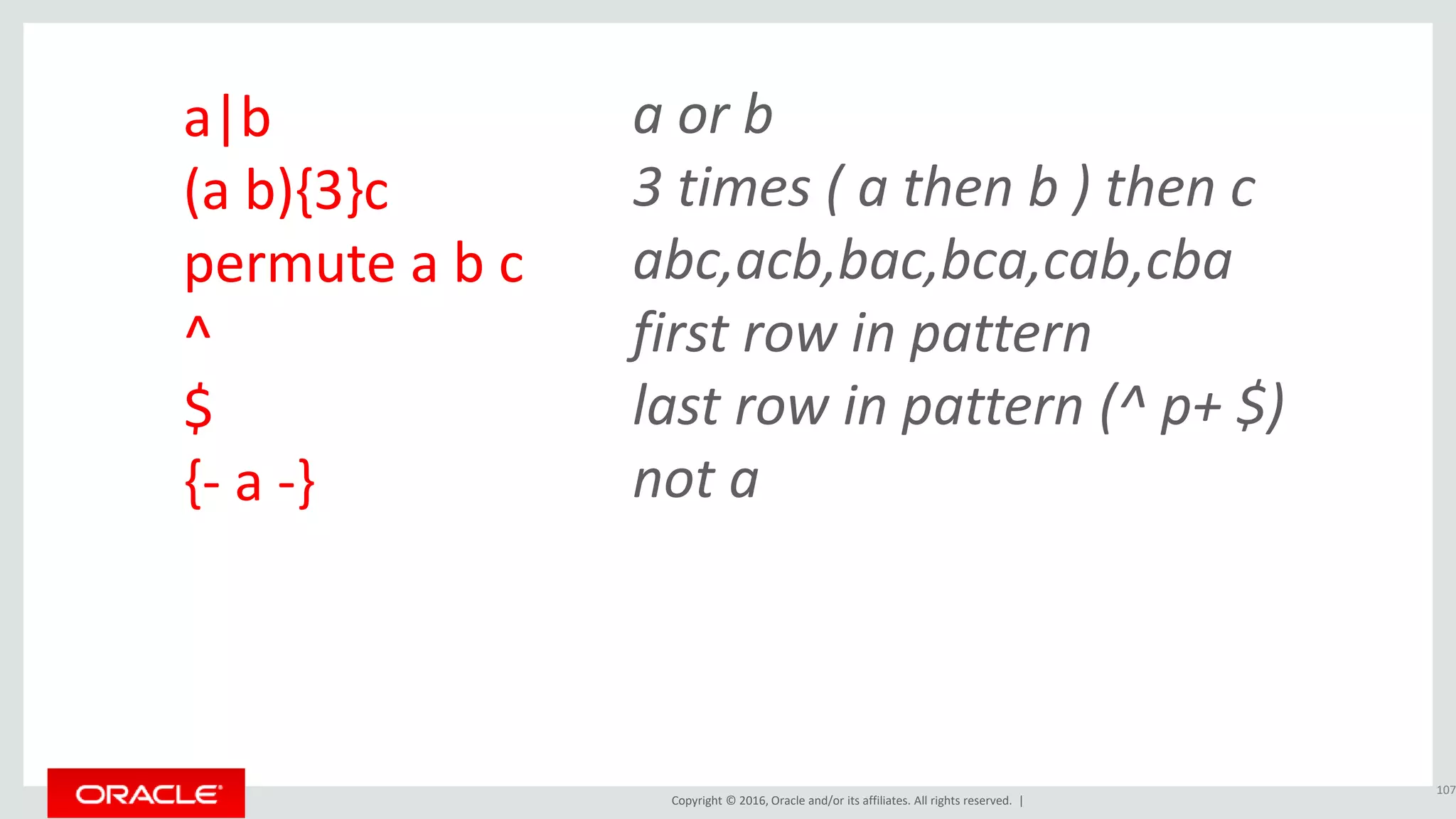 Copyright © 2016, Oracle and/or its affiliates. All rights reserved. |
a|b
(a b){3}c
permute a b c
^
$
{- a -}
107
a or b
3 times ( a then b ) then c
abc,acb,bac,bca,cab,cba
first row in pattern
last row in pattern (^ p+ $)
not a
 