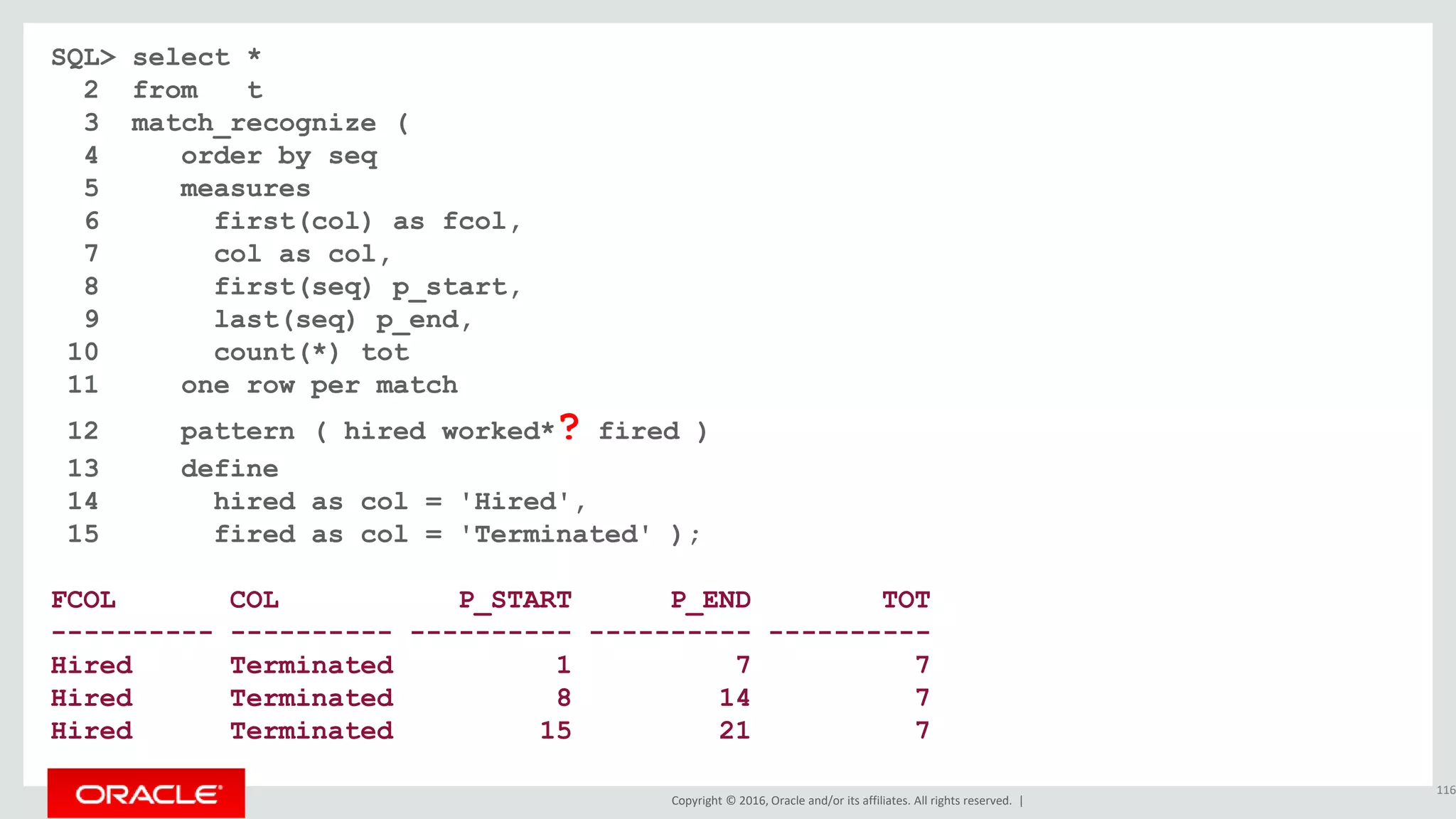 Copyright © 2016, Oracle and/or its affiliates. All rights reserved. |
SQL> select *
2 from t
3 match_recognize (
4 order by seq
5 measures
6 first(col) as fcol,
7 col as col,
8 first(seq) p_start,
9 last(seq) p_end,
10 count(*) tot
11 one row per match
12 pattern ( hired worked*? fired )
13 define
14 hired as col = 'Hired',
15 fired as col = 'Terminated' );
FCOL COL P_START P_END TOT
---------- ---------- ---------- ---------- ----------
Hired Terminated 1 7 7
Hired Terminated 8 14 7
Hired Terminated 15 21 7
116
 