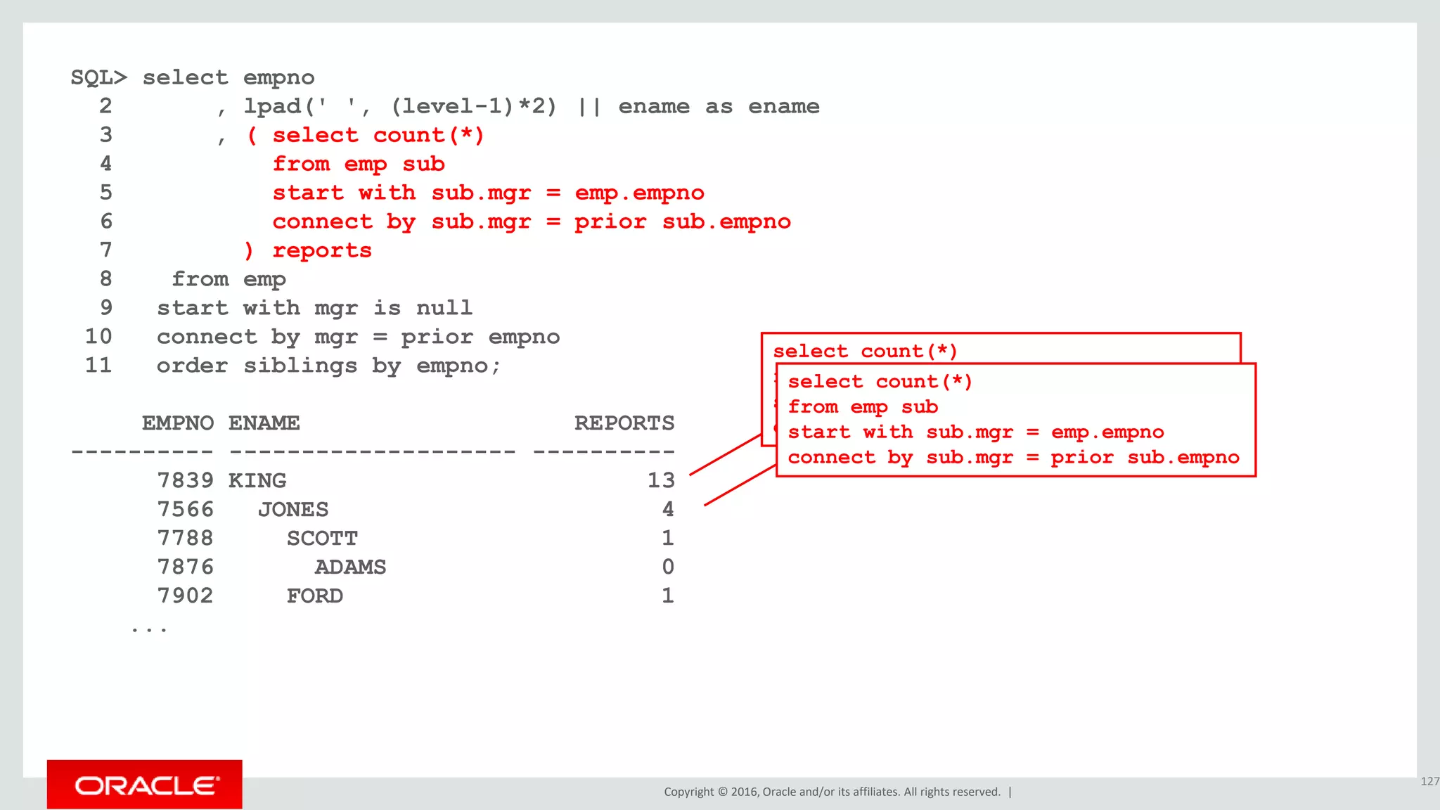 Copyright © 2016, Oracle and/or its affiliates. All rights reserved. |
SQL> select empno
2 , lpad(' ', (level-1)*2) || ename as ename
3 , ( select count(*)
4 from emp sub
5 start with sub.mgr = emp.empno
6 connect by sub.mgr = prior sub.empno
7 ) reports
8 from emp
9 start with mgr is null
10 connect by mgr = prior empno
11 order siblings by empno;
EMPNO ENAME REPORTS
---------- -------------------- ----------
7839 KING 13
7566 JONES 4
7788 SCOTT 1
7876 ADAMS 0
7902 FORD 1
...
127
select count(*)
from emp sub
start with sub.mgr = emp.empno
connect by sub.mgr = prior sub.empno
select count(*)
from emp sub
start with sub.mgr = emp.empno
connect by sub.mgr = prior sub.empno
 
