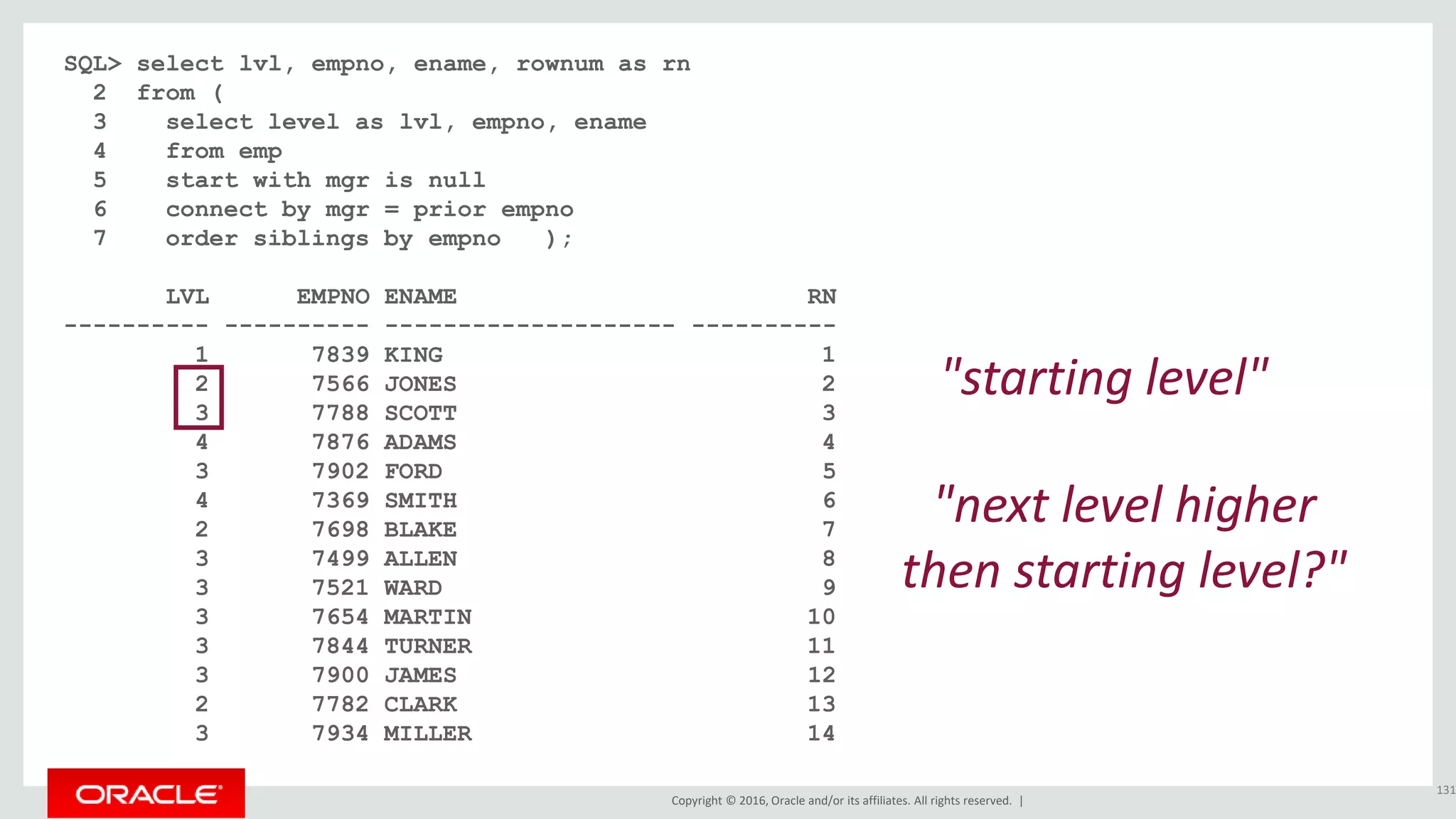 Copyright © 2016, Oracle and/or its affiliates. All rights reserved. |
SQL> select lvl, empno, ename, rownum as rn
2 from (
3 select level as lvl, empno, ename
4 from emp
5 start with mgr is null
6 connect by mgr = prior empno
7 order siblings by empno );
LVL EMPNO ENAME RN
---------- ---------- -------------------- ----------
1 7839 KING 1
2 7566 JONES 2
3 7788 SCOTT 3
4 7876 ADAMS 4
3 7902 FORD 5
4 7369 SMITH 6
2 7698 BLAKE 7
3 7499 ALLEN 8
3 7521 WARD 9
3 7654 MARTIN 10
3 7844 TURNER 11
3 7900 JAMES 12
2 7782 CLARK 13
3 7934 MILLER 14
131
"starting level"
"next level higher
then starting level?"
 