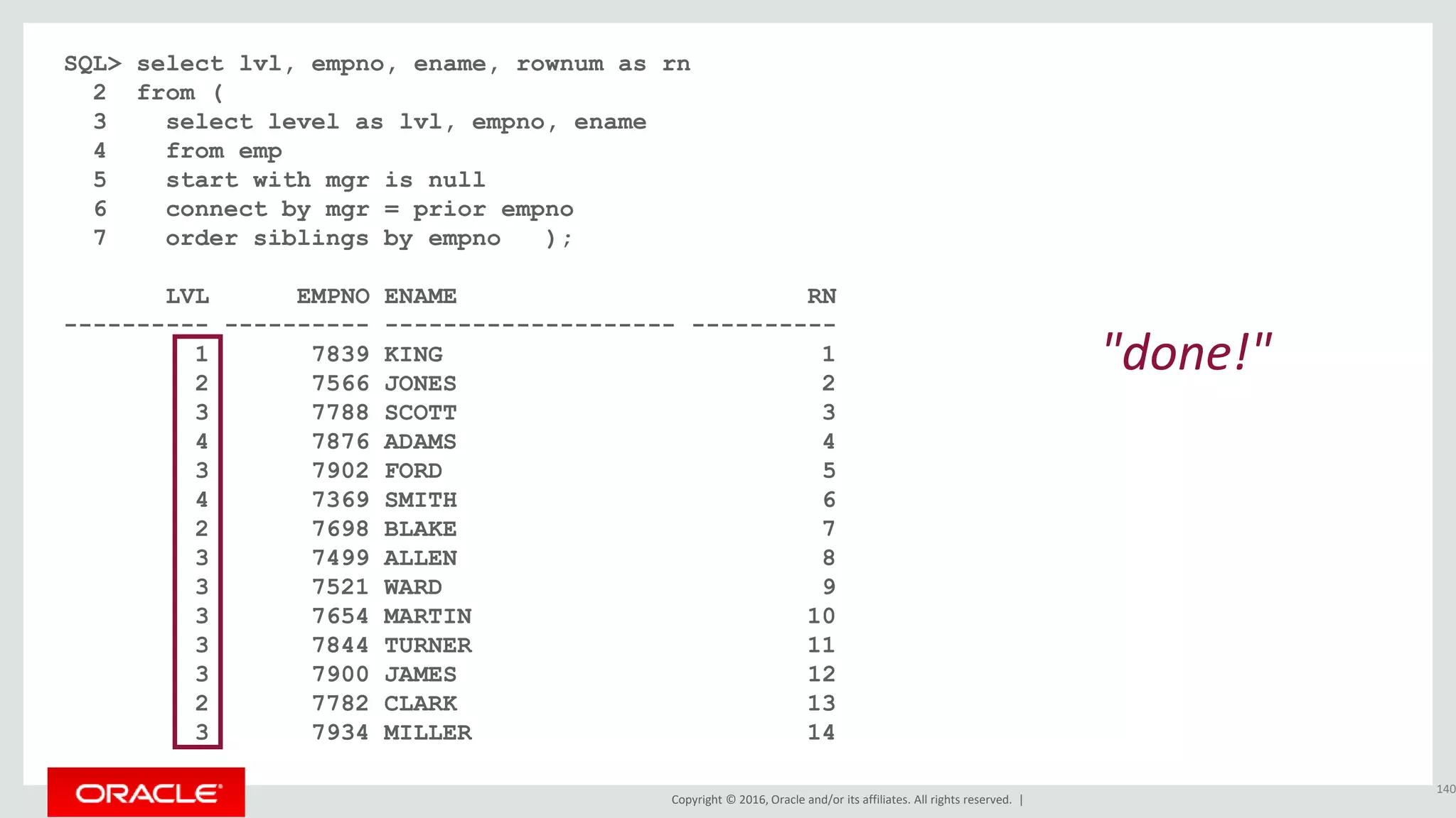 Copyright © 2016, Oracle and/or its affiliates. All rights reserved. |
SQL> select lvl, empno, ename, rownum as rn
2 from (
3 select level as lvl, empno, ename
4 from emp
5 start with mgr is null
6 connect by mgr = prior empno
7 order siblings by empno );
LVL EMPNO ENAME RN
---------- ---------- -------------------- ----------
1 7839 KING 1
2 7566 JONES 2
3 7788 SCOTT 3
4 7876 ADAMS 4
3 7902 FORD 5
4 7369 SMITH 6
2 7698 BLAKE 7
3 7499 ALLEN 8
3 7521 WARD 9
3 7654 MARTIN 10
3 7844 TURNER 11
3 7900 JAMES 12
2 7782 CLARK 13
3 7934 MILLER 14
140
"done!"
 