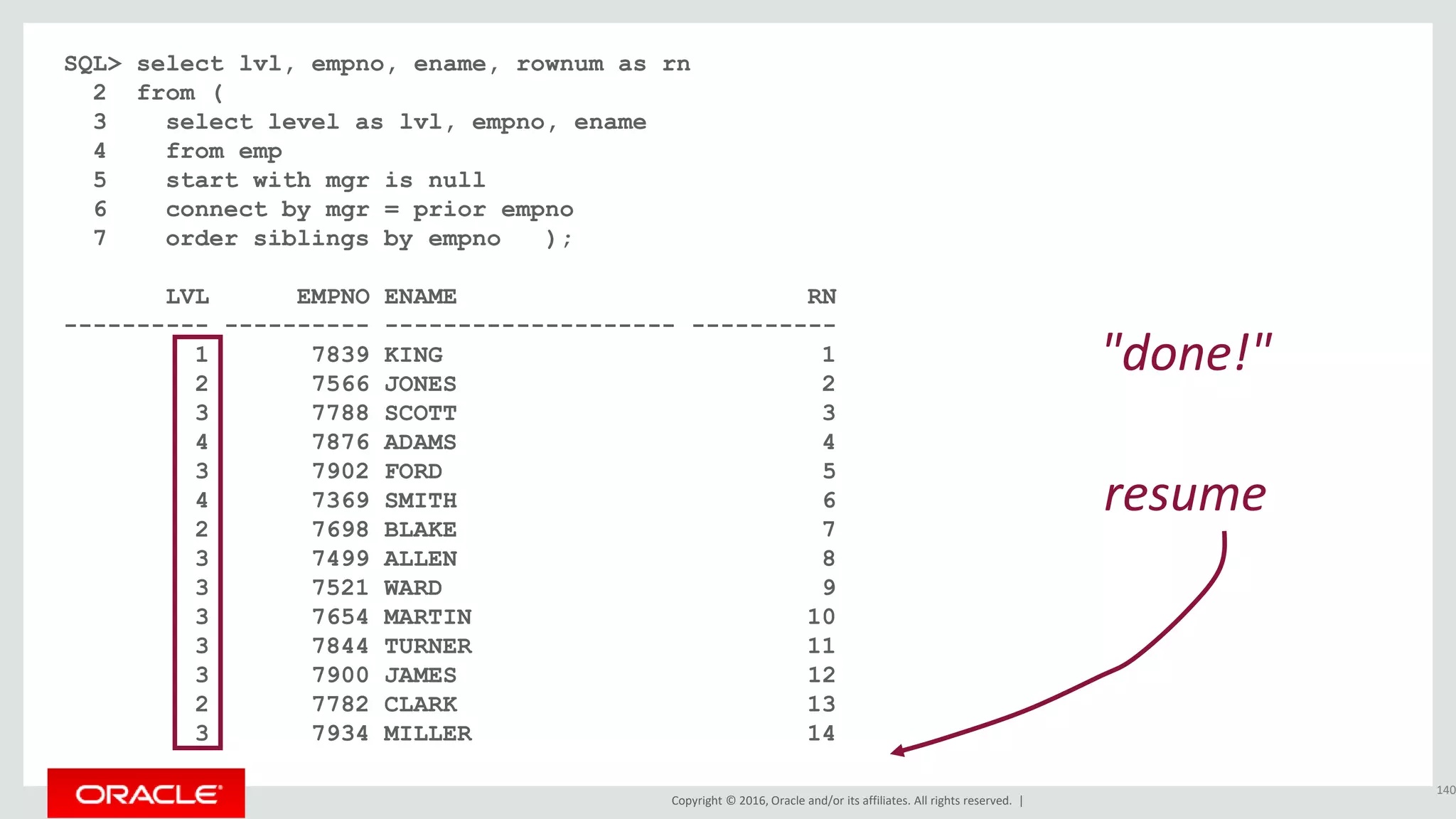 Copyright © 2016, Oracle and/or its affiliates. All rights reserved. |
SQL> select lvl, empno, ename, rownum as rn
2 from (
3 select level as lvl, empno, ename
4 from emp
5 start with mgr is null
6 connect by mgr = prior empno
7 order siblings by empno );
LVL EMPNO ENAME RN
---------- ---------- -------------------- ----------
1 7839 KING 1
2 7566 JONES 2
3 7788 SCOTT 3
4 7876 ADAMS 4
3 7902 FORD 5
4 7369 SMITH 6
2 7698 BLAKE 7
3 7499 ALLEN 8
3 7521 WARD 9
3 7654 MARTIN 10
3 7844 TURNER 11
3 7900 JAMES 12
2 7782 CLARK 13
3 7934 MILLER 14
140
"done!"
resume
 