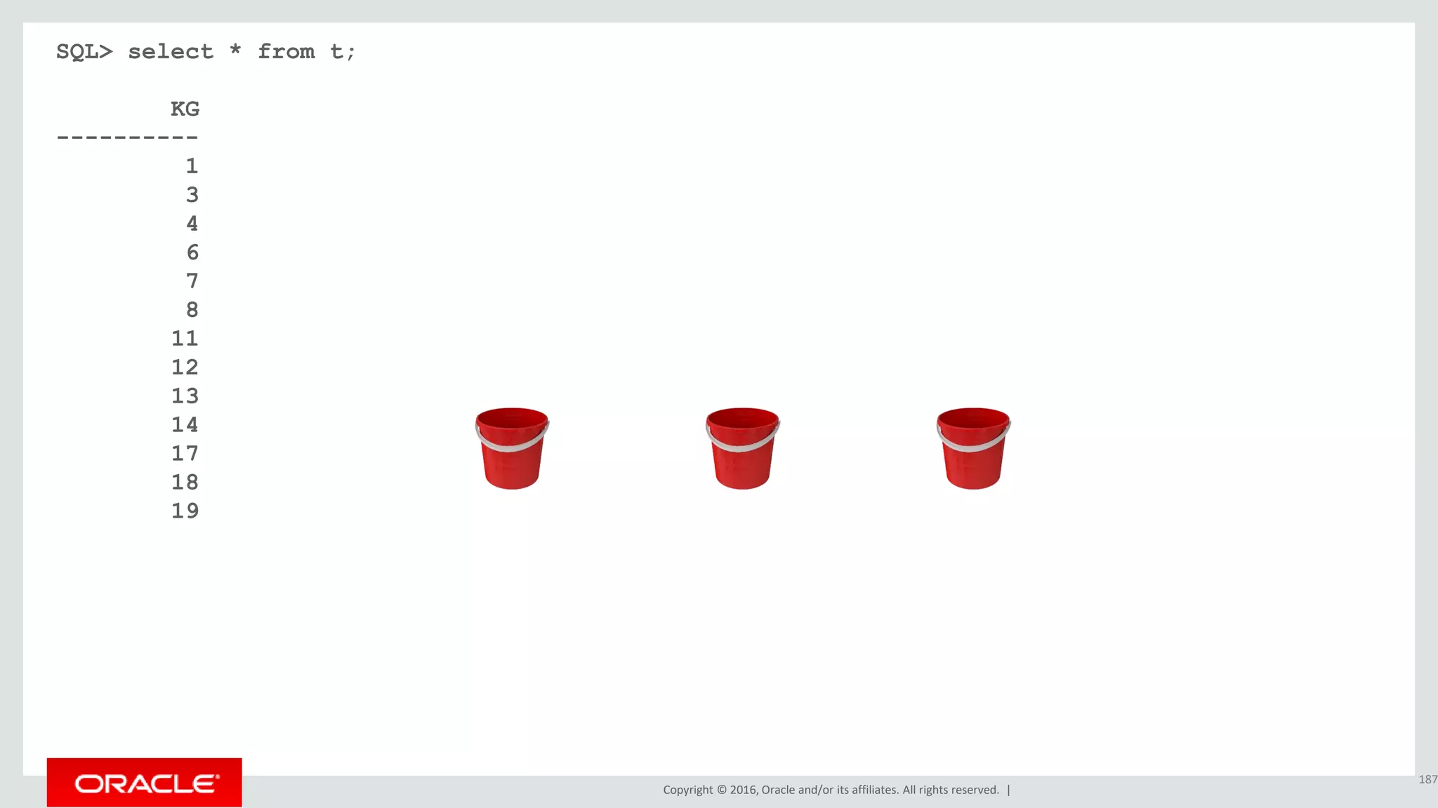 Copyright © 2016, Oracle and/or its affiliates. All rights reserved. |
SQL> select * from t;
KG
----------
1
3
4
6
7
8
11
12
13
14
17
18
19
187
 