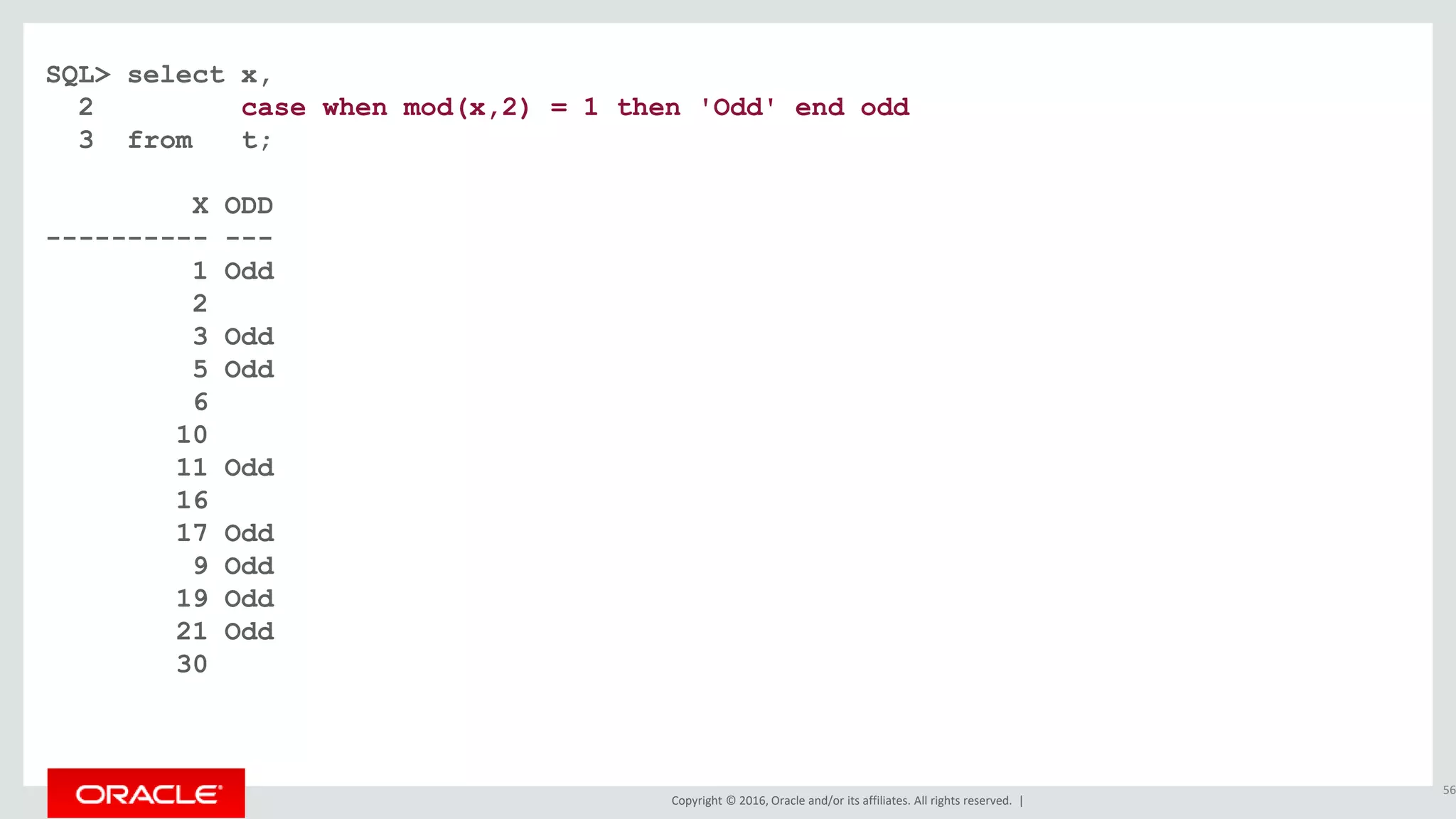 Copyright © 2016, Oracle and/or its affiliates. All rights reserved. |
SQL> select x,
2 case when mod(x,2) = 1 then 'Odd' end odd
3 from t;
X ODD
---------- ---
1 Odd
2
3 Odd
5 Odd
6
10
11 Odd
16
17 Odd
9 Odd
19 Odd
21 Odd
30
56
 