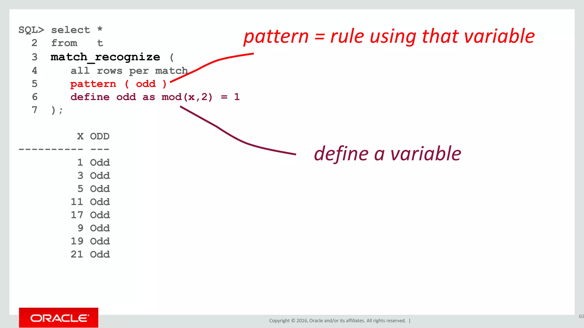 Copyright © 2016, Oracle and/or its affiliates. All rights reserved. |
SQL> select *
2 from t
3 match_recognize (
4 all rows per match
5 pattern ( odd )
6 define odd as mod(x,2) = 1
7 );
X ODD
---------- ---
1 Odd
3 Odd
5 Odd
11 Odd
17 Odd
9 Odd
19 Odd
21 Odd
60
define a variable
pattern = rule using that variable
 