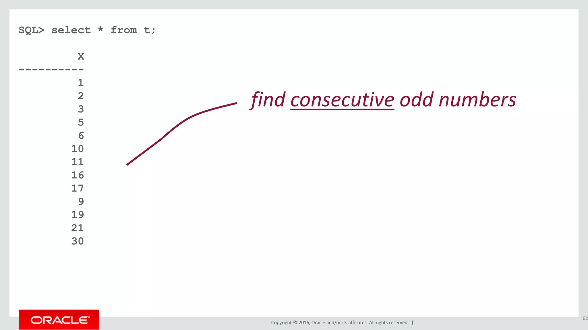 Copyright © 2016, Oracle and/or its affiliates. All rights reserved. |
SQL> select * from t;
X
----------
1
2
3
5
6
10
11
16
17
9
19
21
30
62
find consecutive odd numbers
 
