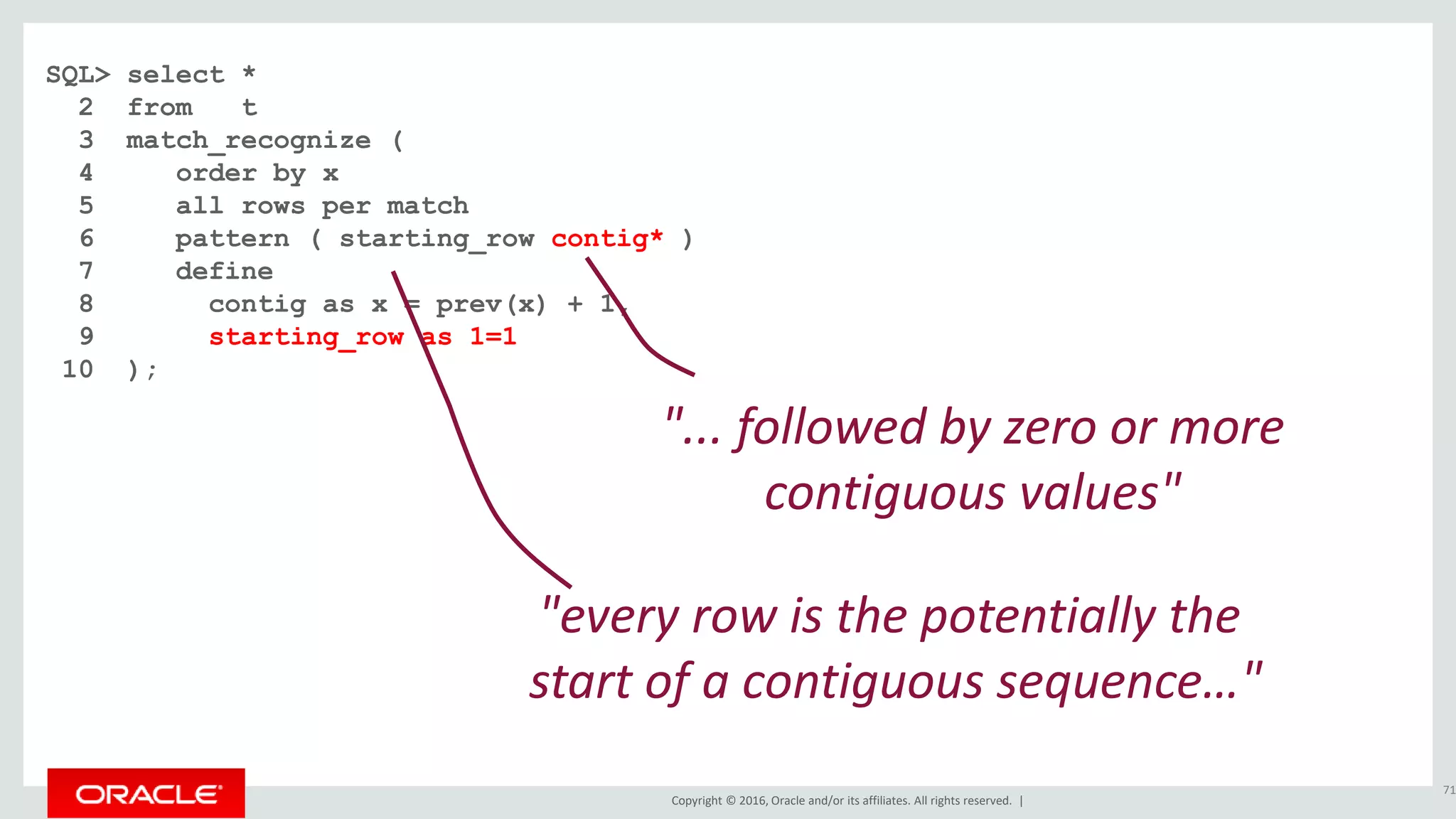 Copyright © 2016, Oracle and/or its affiliates. All rights reserved. |
SQL> select *
2 from t
3 match_recognize (
4 order by x
5 all rows per match
6 pattern ( starting_row contig* )
7 define
8 contig as x = prev(x) + 1,
9 starting_row as 1=1
10 );
71
"... followed by zero or more
contiguous values"
"every row is the potentially the
start of a contiguous sequence…"
 