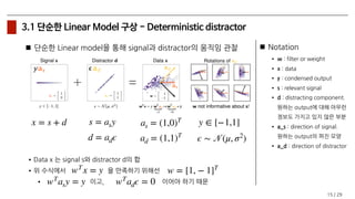 / 29
3.1 단순한 Linear Model 구상 - Deterministic distractor
단순한 Linear model을 통해 signal과 distractor의 움직임 관찰
15
Notation
• w : filter or weight
• x : data
• y : condensed output
• s : relevant signal
• d : distracting component.
원하는 output에 대해 아무런
정보도 가지고 있지 않은 부분
• a_s : direction of signal. 
원하는 output의 퍼진 모양
• a_d : direction of distractor
s = asyx = s + d
d = adϵ
as = (1,0)T
ad = (1,1)T
y ∈ [−1,1]
ϵ ∼ 𝒩(μ, σ2
)
•Data x 는 signal s와 distractor d의 합
•위 수식에서 을 만족하기 위해선
• 이고, 이어야 하기 때문
wT
x = y w = [1, − 1]T
wT
asy = y wT
adϵ = 0
 