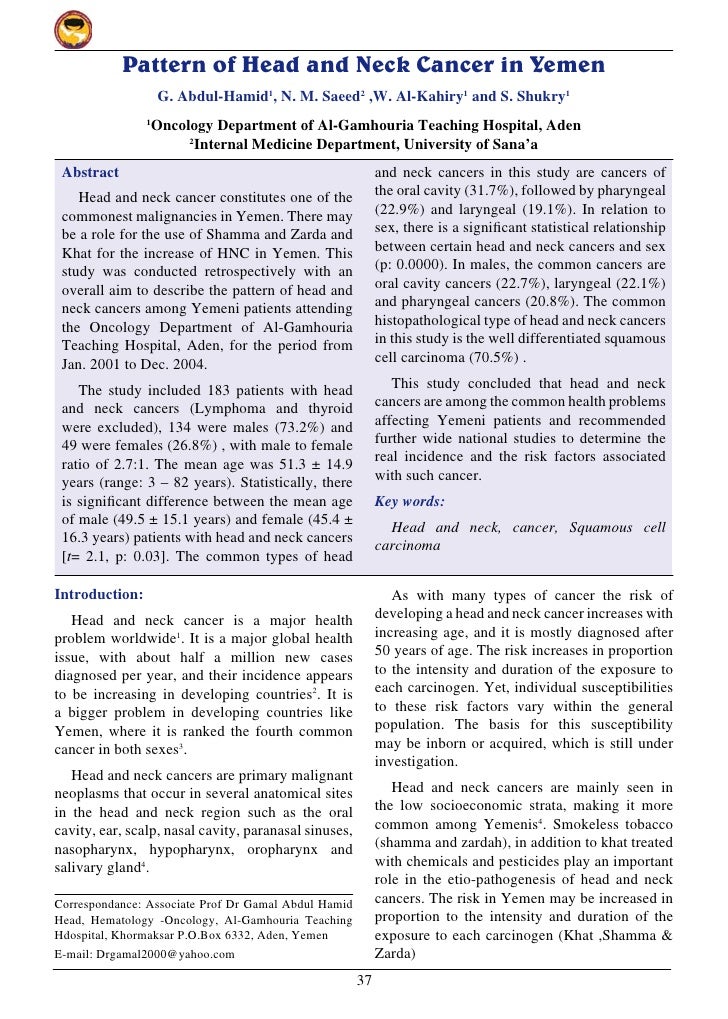 Pattern Of Head And Neck Cancer In Yemen Pdf Last