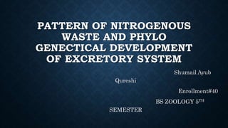 PATTERN OF NITROGENOUS
WASTE AND PHYLO
GENECTICAL DEVELOPMENT
OF EXCRETORY SYSTEM
Shumail Ayub
Qureshi
Enrollment#40
BS ZOOLOGY 5TH
SEMESTER
 