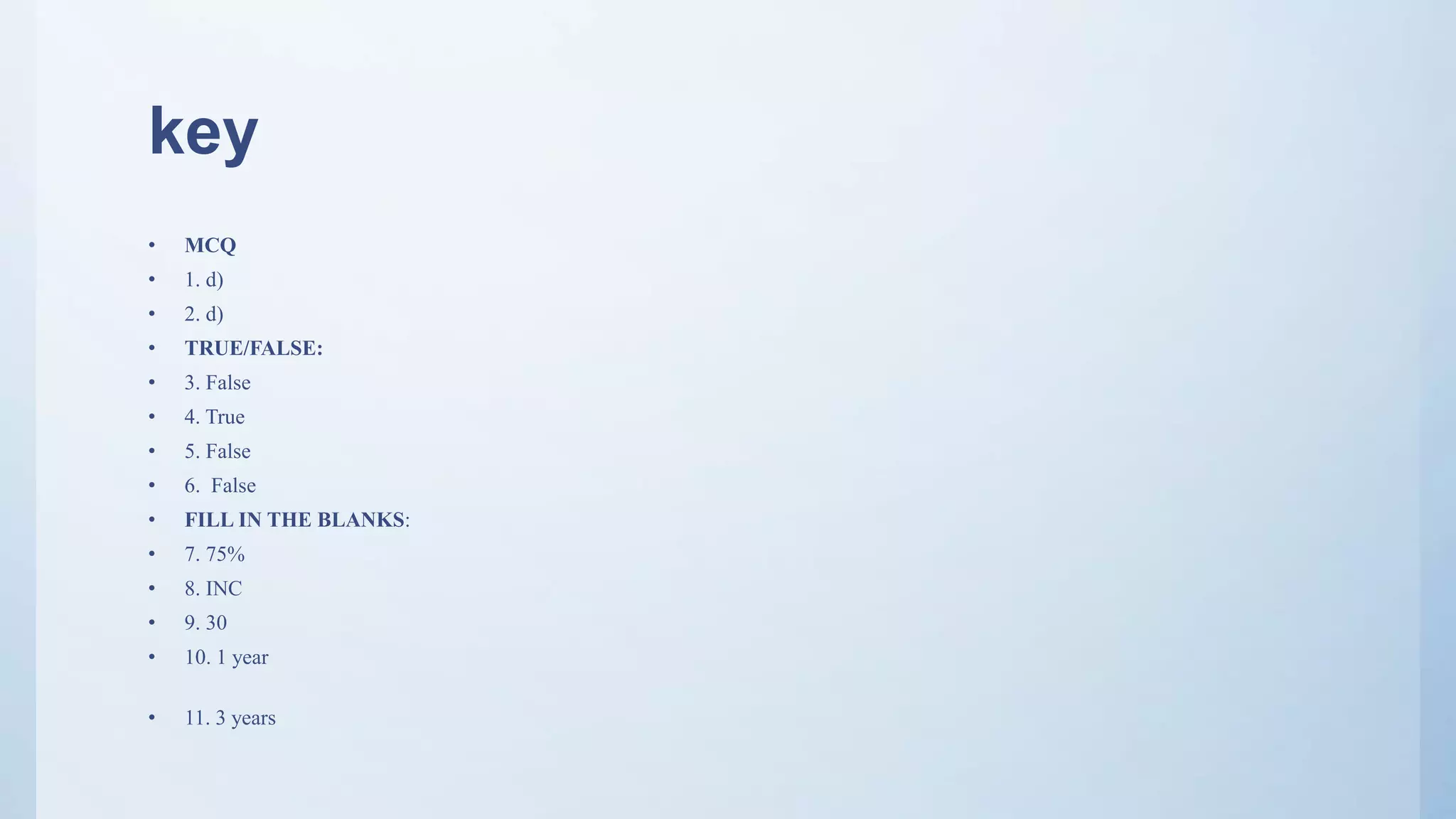 key
• MCQ
• 1. d)
• 2. d)
• TRUE/FALSE:
• 3. False
• 4. True
• 5. False
• 6. False
• FILL IN THE BLANKS:
• 7. 75%
• 8. INC
• 9. 30
• 10. 1 year
• 11. 3 years
 
