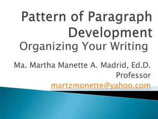 Organizing Your Writing
Ma. Martha Manette A. Madrid, Ed.D.
                         Professor
         martzmonette@yahoo.com
 
