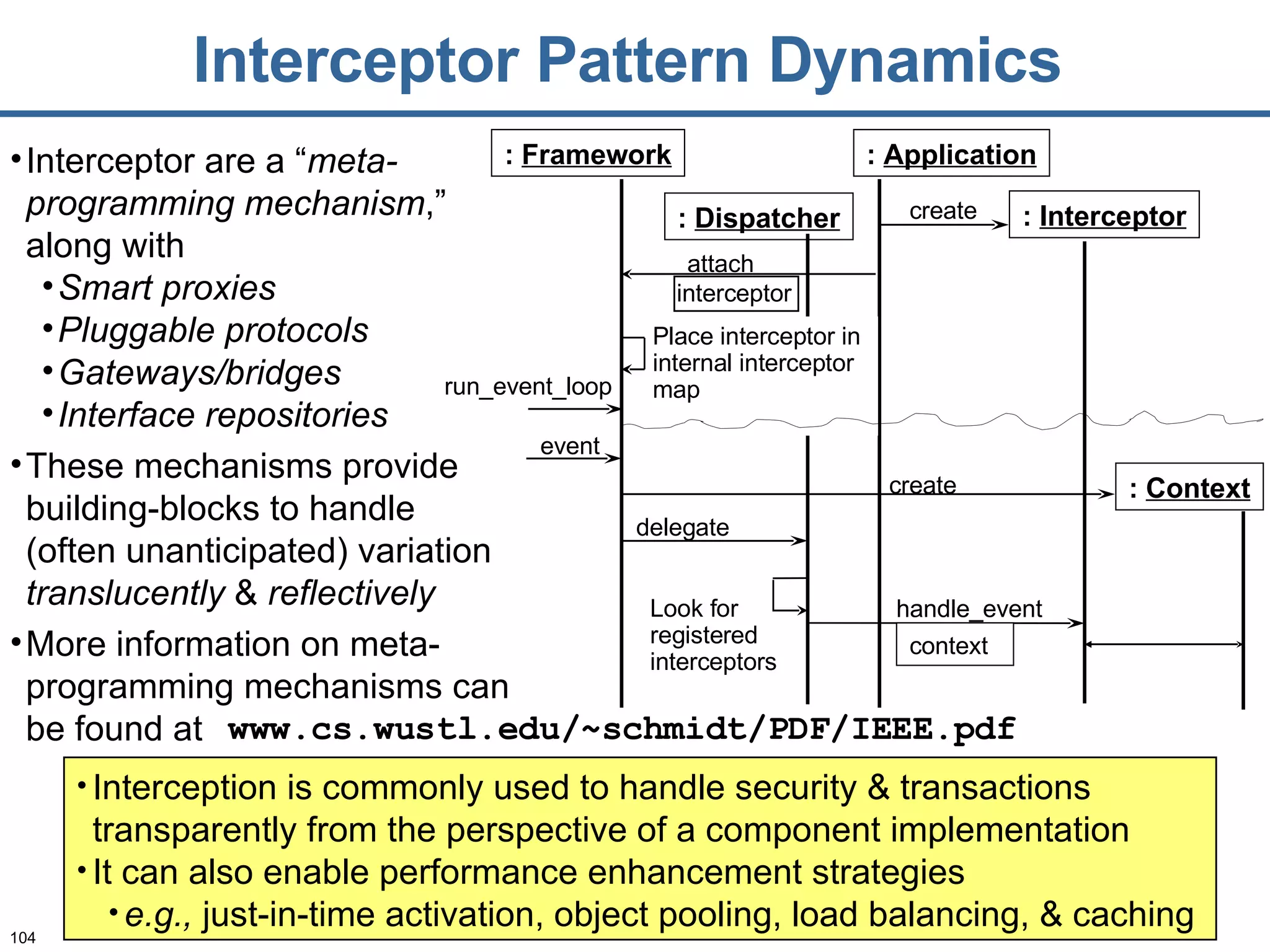 Interceptor Pattern Dynamics Interceptor are a “ meta-programming mechanism ,” along with Smart proxies Pluggable protocols Gateways/bridges Interface repositories  These mechanisms provide building-blocks to handle (often unanticipated) variation  translucently  &  reflectively More information on meta-programming mechanisms can be found at Interception is commonly used to handle security & transactions transparently from the perspective of a component implementation It can also enable performance enhancement strategies  e.g.,  just-in-time activation, object pooling, load balancing, & caching  :  Application :  Framework :  Interceptor create run_event_loop attach interceptor Place interceptor in internal interceptor map event Look for registered interceptors :  Context create context handle_event :  Dispatcher delegate www.cs.wustl.edu/~schmidt/PDF/IEEE.pdf 