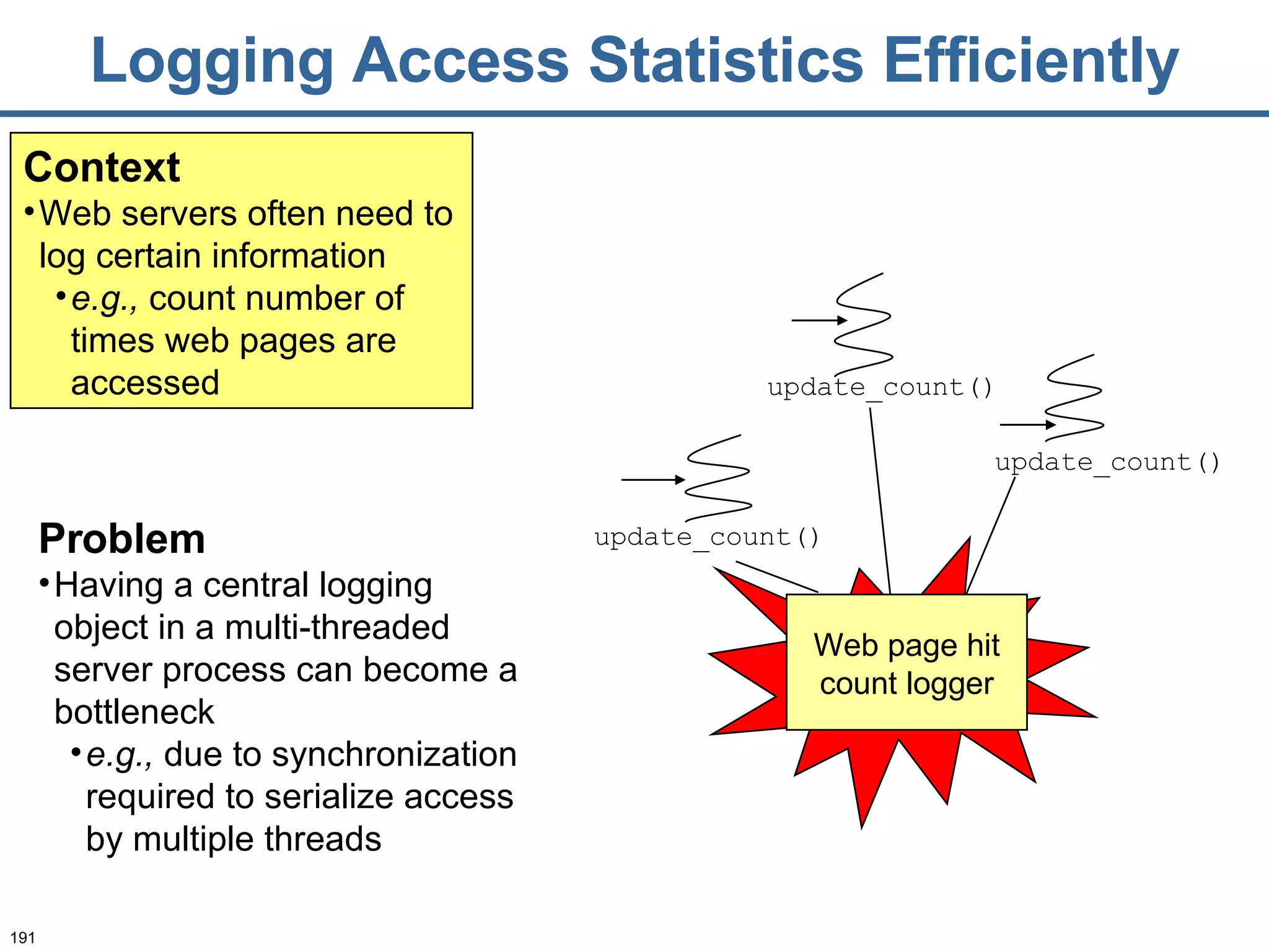 Logging Access Statistics Efficiently Context Web servers often need to log certain information e.g.,  count number of times web pages are accessed Problem Having a central logging object in a multi-threaded server process can become a bottleneck e.g.,  due to synchronization required to serialize access by multiple threads update_count() update_count() update_count() Web page hit count logger 