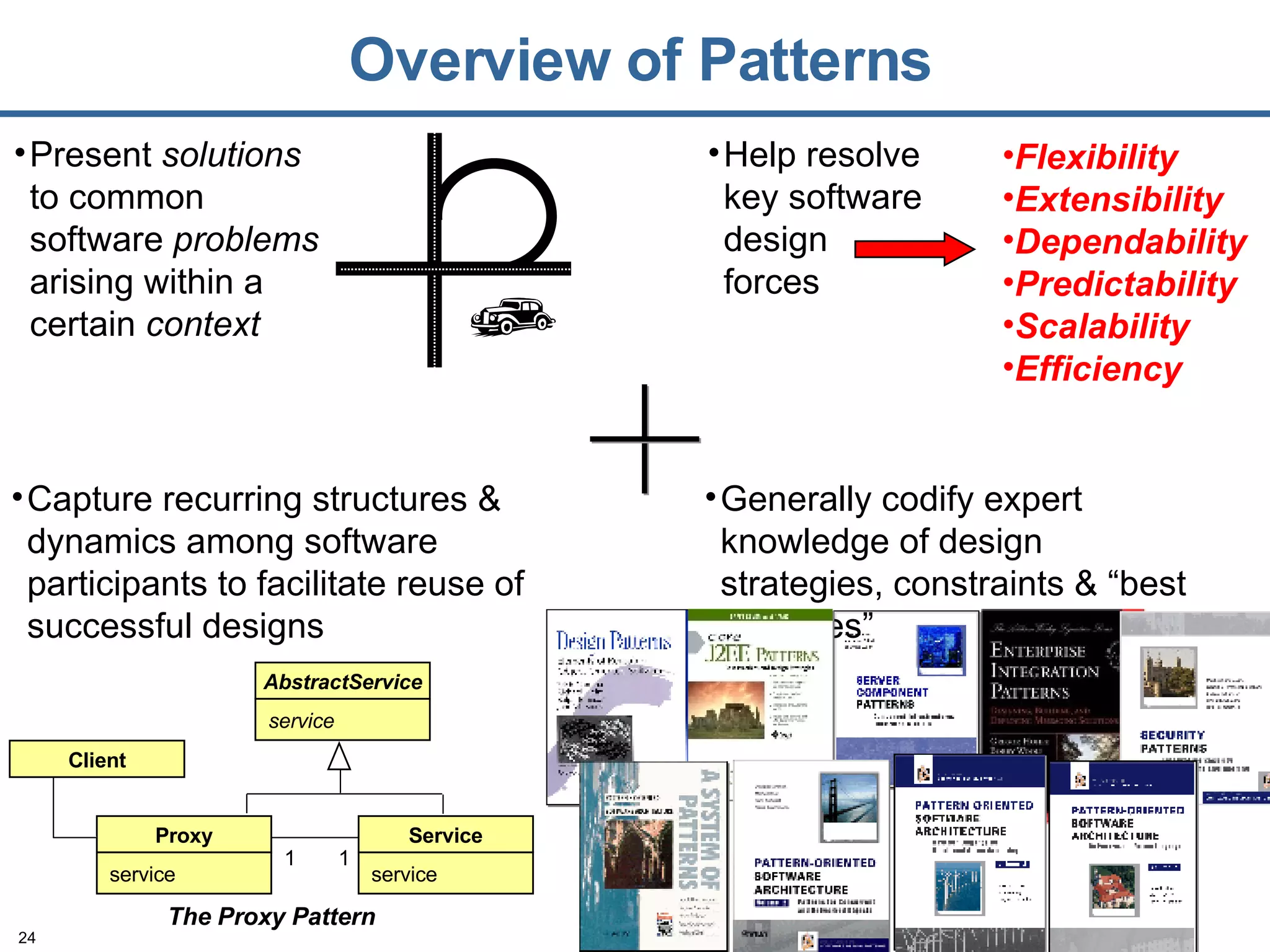 Overview of Patterns Present  solutions  to common software  problems  arising within a certain  context Capture recurring structures & dynamics among software participants to facilitate reuse of successful designs The Proxy Pattern 1 1 Proxy service Service service AbstractService service Client Help resolve key software design forces Flexibility Extensibility Dependability Predictability Scalability Efficiency Generally codify expert knowledge of design strategies, constraints & “best practices” 
