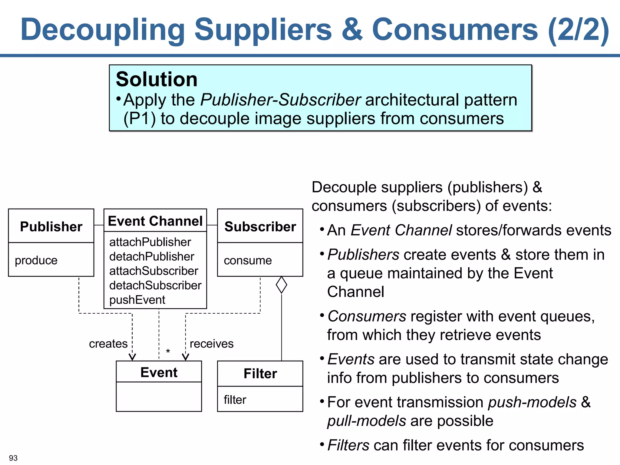 Decoupling Suppliers & Consumers (2/2) Decouple suppliers (publishers) & consumers (subscribers) of events: An  Event Channel  stores/forwards events Publishers  create events & store them in a queue maintained by the Event Channel Consumers  register with event queues, from which they retrieve events Events  are used to transmit state change info from publishers to consumers For event transmission  push-models  &  pull-models  are possible Filters  can filter events for consumers Solution Apply the  Publisher-Subscriber  architectural pattern (P1) to decouple image suppliers from consumers Event * Subscriber consume creates receives Event Channel attachPublisher  detachPublisher attachSubscriber detachSubscriber pushEvent Filter filter Publisher produce 