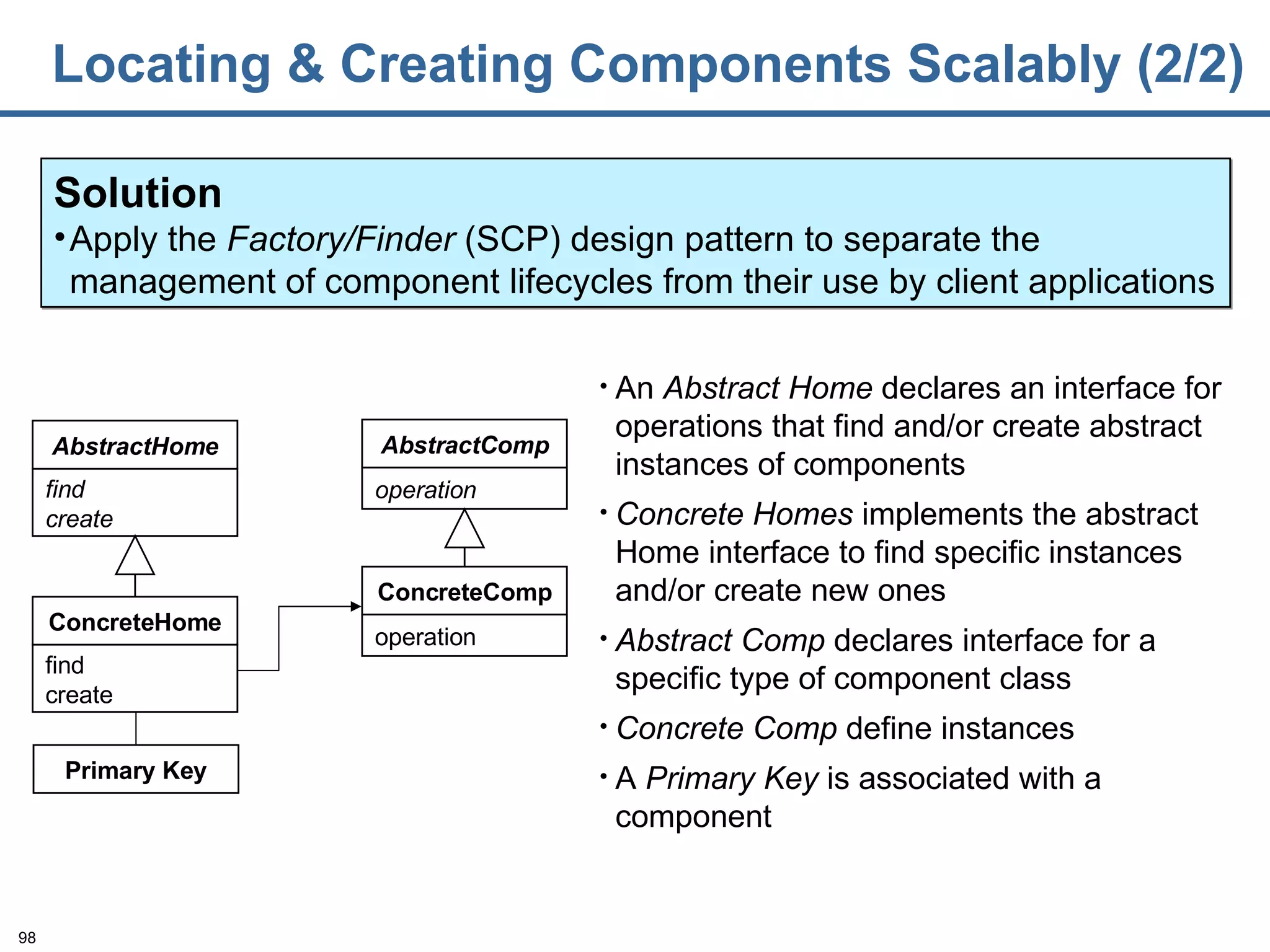 Locating & Creating Components Scalably (2/2) An  Abstract  Home  declares an interface for operations that  find  and/ or create  abstract instances  of components Concrete  Homes  implement s  the abstract  Home  interface to  find  specific instances  and/or create new ones Abstract  Comp  declare s  interface for a  specific  type of  component  class Concrete  Comp  define instances A  Primary Key  is associated with a component Solution Apply the  Factory/Finder  (SCP) design pattern to separate the  management of component  lifecycle s  from their use by client applications AbstractC omp operation ConcreteC omp operation Primary Key Concrete Home find create Abstract Home find create 