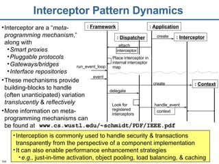 Interceptor Pattern Dynamics Interceptor are a “ meta-programming mechanism ,” along with Smart proxies Pluggable protocols Gateways/bridges Interface repositories  These mechanisms provide building-blocks to handle (often unanticipated) variation  translucently  &  reflectively More information on meta-programming mechanisms can be found at Interception is commonly used to handle security & transactions transparently from the perspective of a component implementation It can also enable performance enhancement strategies  e.g.,  just-in-time activation, object pooling, load balancing, & caching  :  Application :  Framework :  Interceptor create run_event_loop attach interceptor Place interceptor in internal interceptor map event Look for registered interceptors :  Context create context handle_event :  Dispatcher delegate www.cs.wustl.edu/~schmidt/PDF/IEEE.pdf 