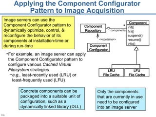 Applying the Component Configurator Pattern to Image Acquisition <<contains>> components * Component Configurator Component Repository LRU File Cache LFU File Cache Component init() fini() suspend() resume() info() For example ,  an image server can apply the Component Configurator pattern to configure various  Cached Virtual Filesystem  strategies e.g.,  least-recently used (LRU) or least-frequently used (LFU) Image servers can use the Component Configurator pattern to dynamically optimize, control, & reconfigure the behavior of its components at installation-time or during run-time Concrete components can be packaged into a suitable unit of configuration, such as a dynamically linked library (DLL)  Only the components that are currently in use need to be configured into an image server 