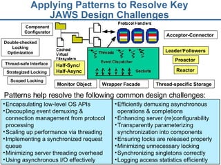 Applying Patterns to Resolve Key JAWS Design Challenges Patterns help resolve the following common design challenges:   Efficiently demuxing asynchronous operations & completions Enhancing server (re)configurability Transparently parameterizing synchronization into components Ensuring locks are released properly Minimizing unnecessary locking Synchronizing singletons correctly Logging access statistics efficiently Encapsulating low-level OS APIs Decoupling event demuxing & connection management from protocol processing Scaling up performance via threading Implementing a synchronized request queue Minimizing server threading overhead Using asynchronous I/O effectively Double-checked Locking Optimization Thread-specific Storage Component Configurator Thread-safe Interface Strategized Locking Scoped Locking Wrapper Facade Half-Sync/ Half-Async Monitor Object Acceptor-Connector Leader/Followers Proactor Reactor 
