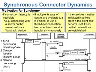 Synchronous Connector Dynamics Motivation for Synchrony Sync connection initiation phase Service handler initialize phase Service processing phase If the services must be initialized in a fixed order & the client can’t perform useful work until all connections are established If connection latency is negligible e.g.,  connecting with a server on the same host via a ‘loopback’ device If multiple threads of control are available & it is efficient to use a thread-per-connection to connect each service handler synchronously Handle Addr : Application : Connector : Dispatcher : Service Handler handle_events() connect() open() register_handler() handle_event() service() Service Handler Events Service Handler Handle get_handle() 