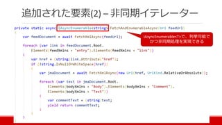 追加された要素(2) – 非同期イテレーター
IAsyncEnumerable<T>で、列挙可能で
かつ非同期処理を実現できる
 