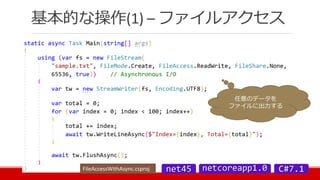 基本的な操作(1) – ファイルアクセス
任意のデータを
ファイルに出力する
FileAccessWithAsync.csproj
 