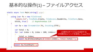 基本的な操作(1) – ファイルアクセス
I/O操作はすべて(Taskを返却する)
非同期対応メソッドを使用してawaitする
 