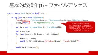 基本的な操作(1) – ファイルアクセス
FileStreamクラス固有:
falseまたは省略した場合は、
非同期I/Oはワーカースレッド
によるシミュレート
 