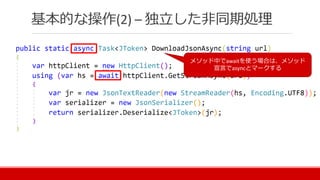 基本的な操作(2) – 独立した非同期処理
メソッド中でawaitを使う場合は、メソッド
宣言でasyncとマークする
 