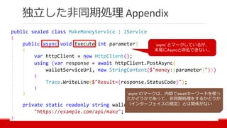 独立した非同期処理 Appendix
`async`とマークしているが、
末尾にAsyncと命名できない…
`async`のマークは、内部でawaitキーワードを使っ
たかどうかであって、非同期処理をするかどうか
（インターフェイスの規定）とは関係がない
 